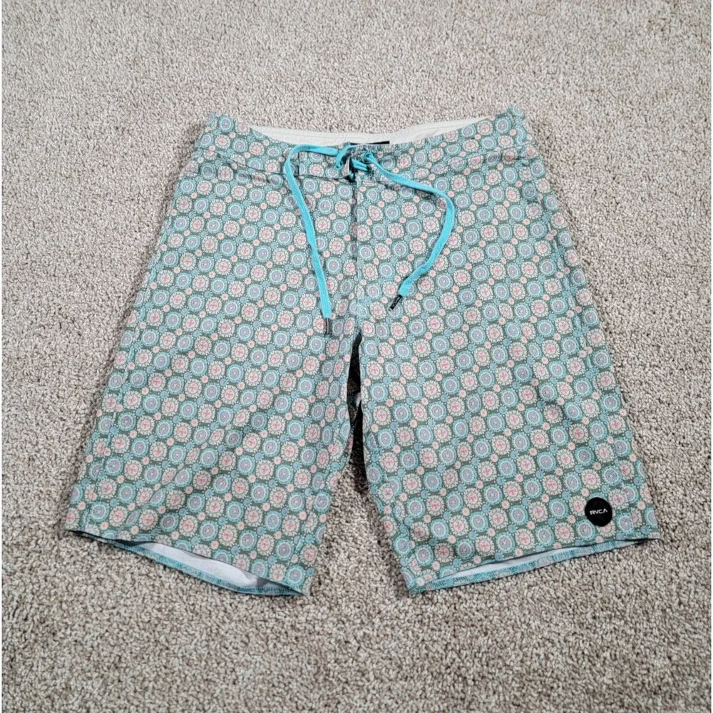 RVCA Swim Trunks Mens 28 Blue Geometric Print Swim Shorts Drawstrings Beach Logo